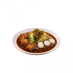 c4 topped with pugo + veggies + pork igado + karahay + shanghai